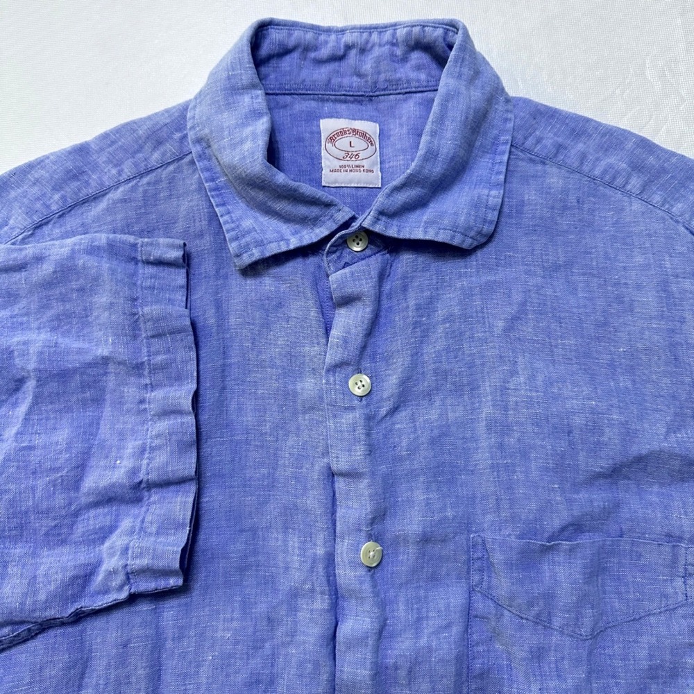 Brooks Brothers Linen Shirt Large Blue Short Sleeve Button Down Coastal Preppy